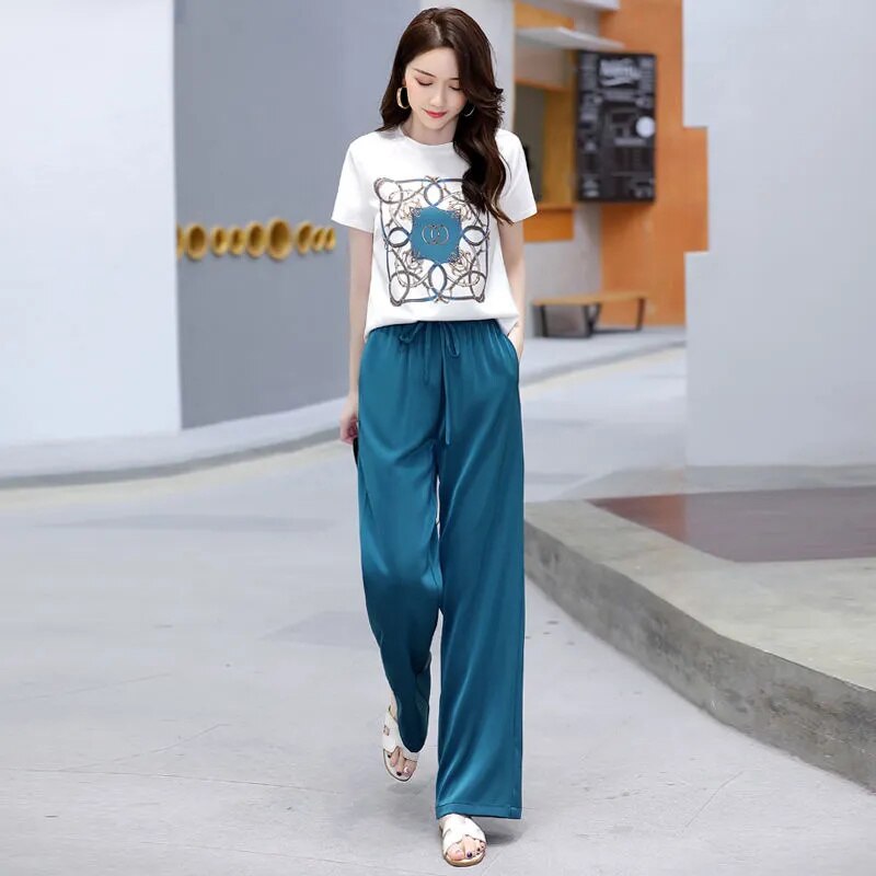 Women Two Piece Outfits Summer New In Korean Style Short Sleeve Fashion Wide Leg Pants Set Casual Couture Fall Suit Female C Style