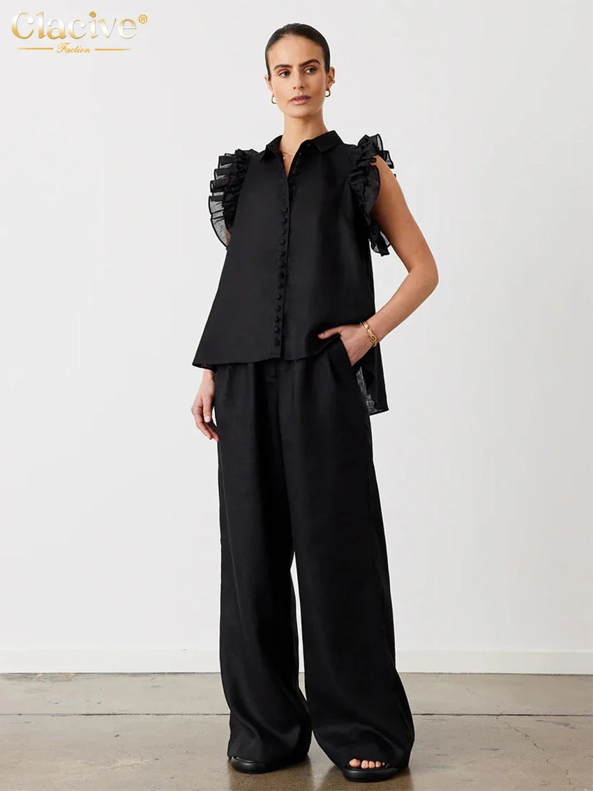 Clacive Fashion Loose Beige Cotton 2 Piece Sets Women Outfit Elegant Sleeveless Tank Top With High Waist Wide Pants Set