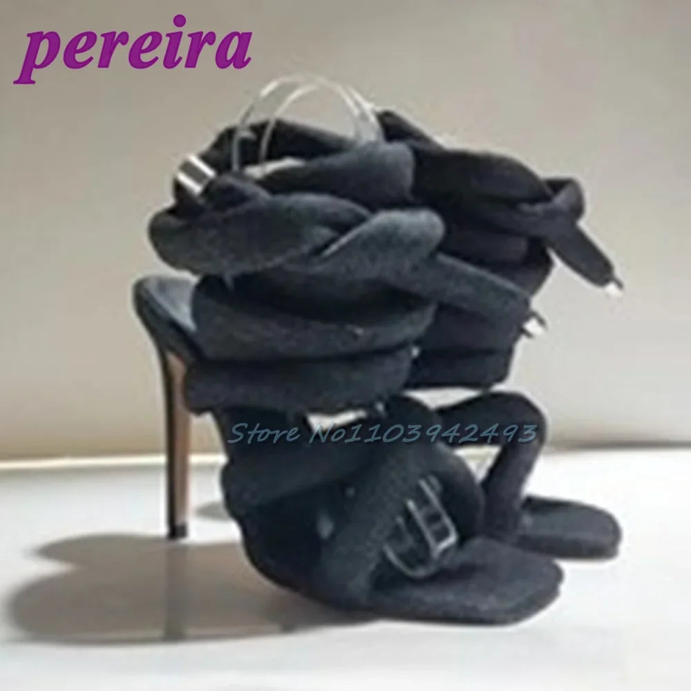 Silver Gladiator Heels Square Toe Ankle Strap Heeled Sandals Roman Style Stiletto Designer Women Shoes Summer Sandalias De Mujer Denim Black