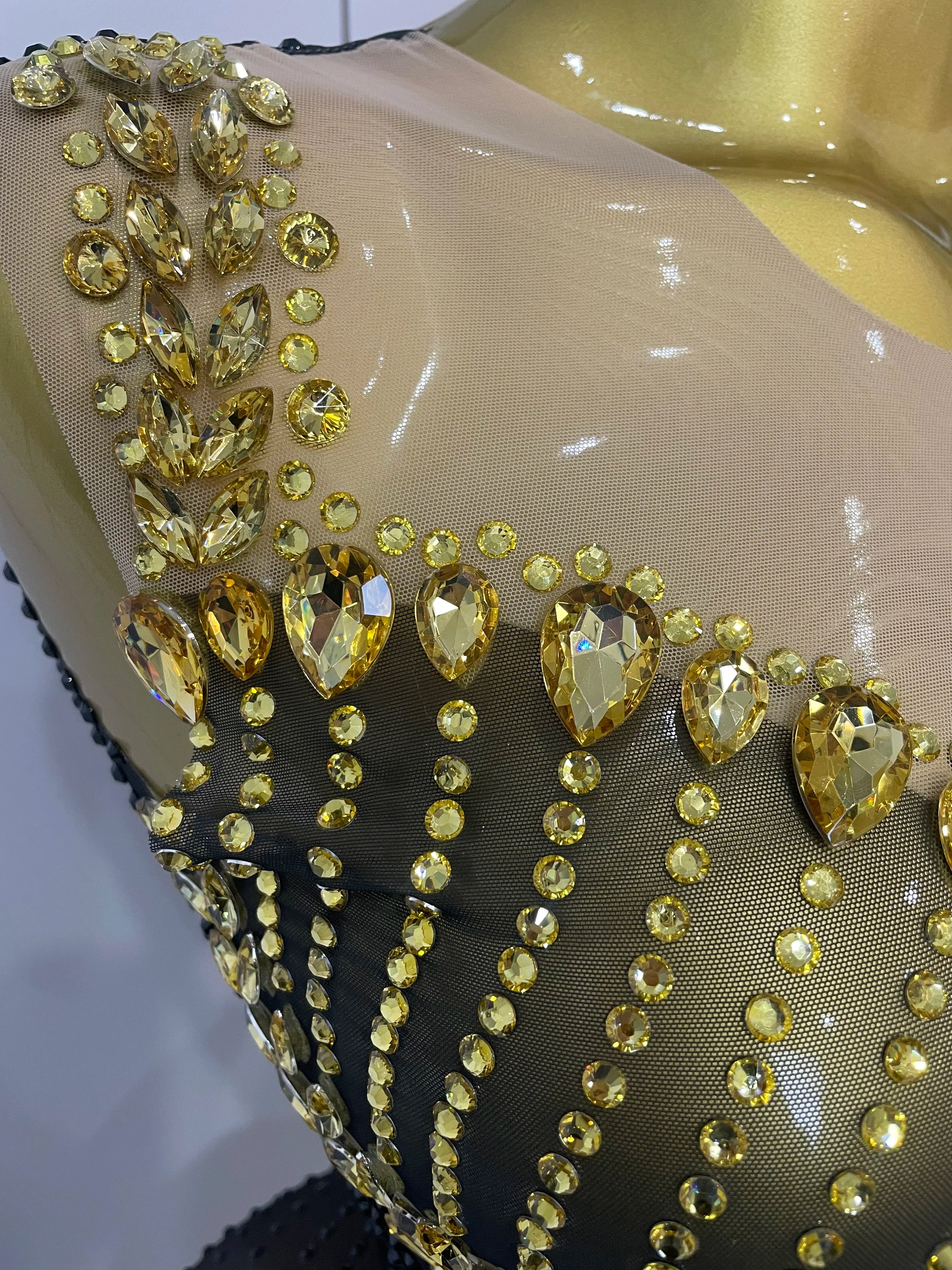2025 Sparkly Gold Rhinestone Transparent Sleeveless Mini Dress Evening Birthday Celebrate Party Nightclub Performance Costume