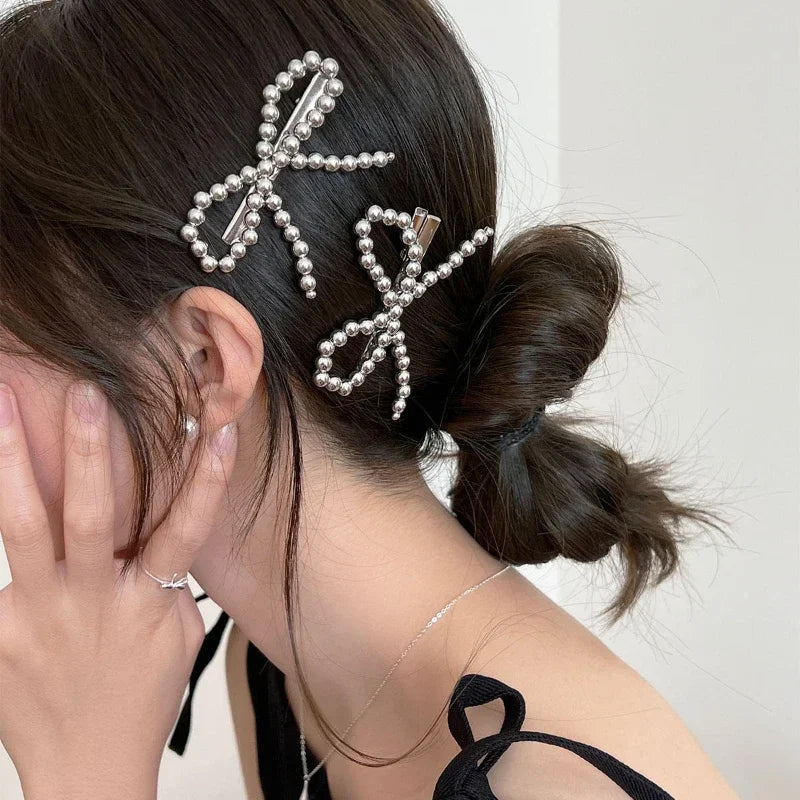 New Korean Fashion Women Pearl Hair Clips Pins Cute Girls Pearl Hairclip Bows Hairpin Metal Hair Clips Y2k Girl Hair Accessories