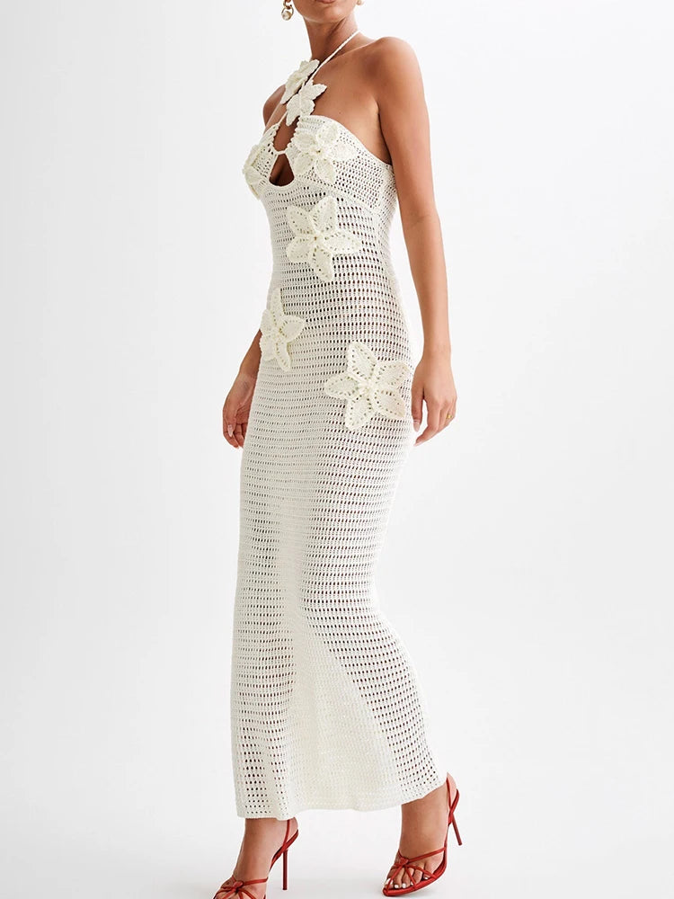 Patchwork Appliques Knitted Dress For Women Halter Sleeveless High Waist Slimming Dresses Female Fashion Clothes