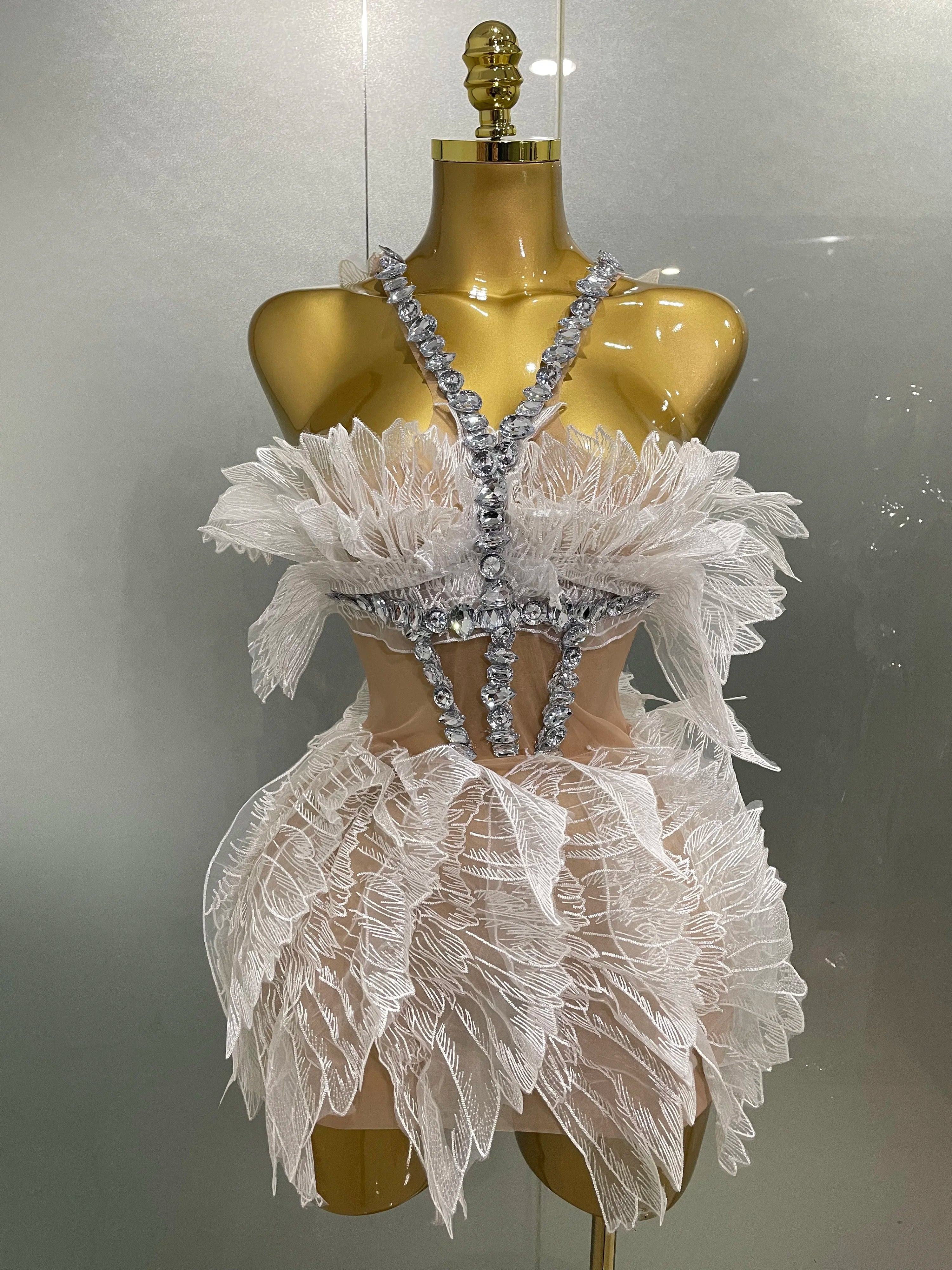 Sexy Shining Gold Crystal Transparent Wings Mini Dress 2025 Women Birthday Party Bar Nightclub Singer Stage Performance Costume WHITE