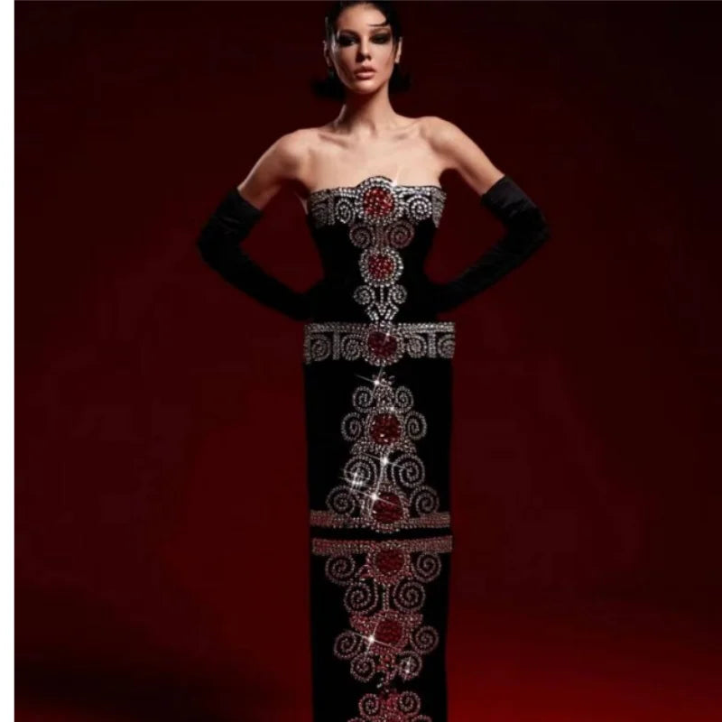 Top Women Sexy Strapless Colorful Rhinestones Bodycon Bandage Long Dress Celebrate Evening Party Birthday Outfit Vestido black