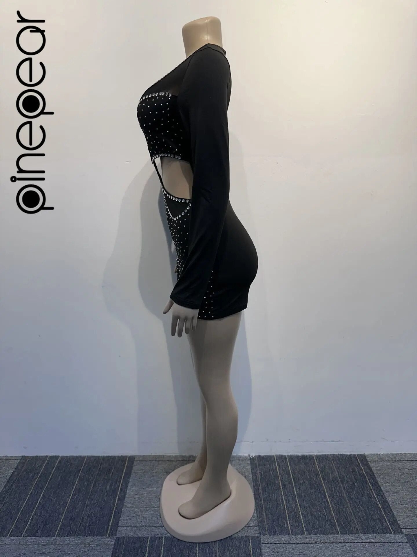 PinePear 2024 Shiny Diamonds Mesh Playsuits Women Long Sleeve Deep V Neck Sexy Hollow Out See Through Club Party Short Jumpsuits