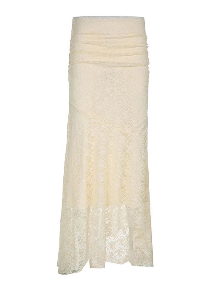 Women Lace Fishtail Skirt Casual for Beach Vacation See Through Mid-Waisted Maxi Skirts Women Autumn Spring Beige