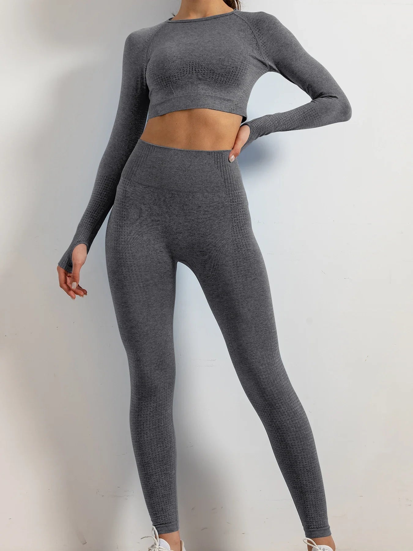 Set of 2 Women's Seamless Yoga Suit with Thumb Holes Long Sleeve Tops Gym Wear Fitness Workout Yoga Wear Leggings Long Pants DARK GRAY