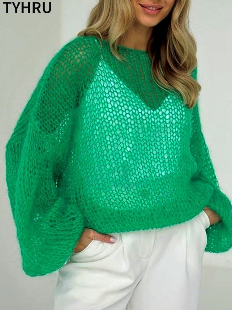 TYHRU – pull tricoté en maille ajourée pour femme, pull fin, transparent, manches lanternes, hauts amples, Smock