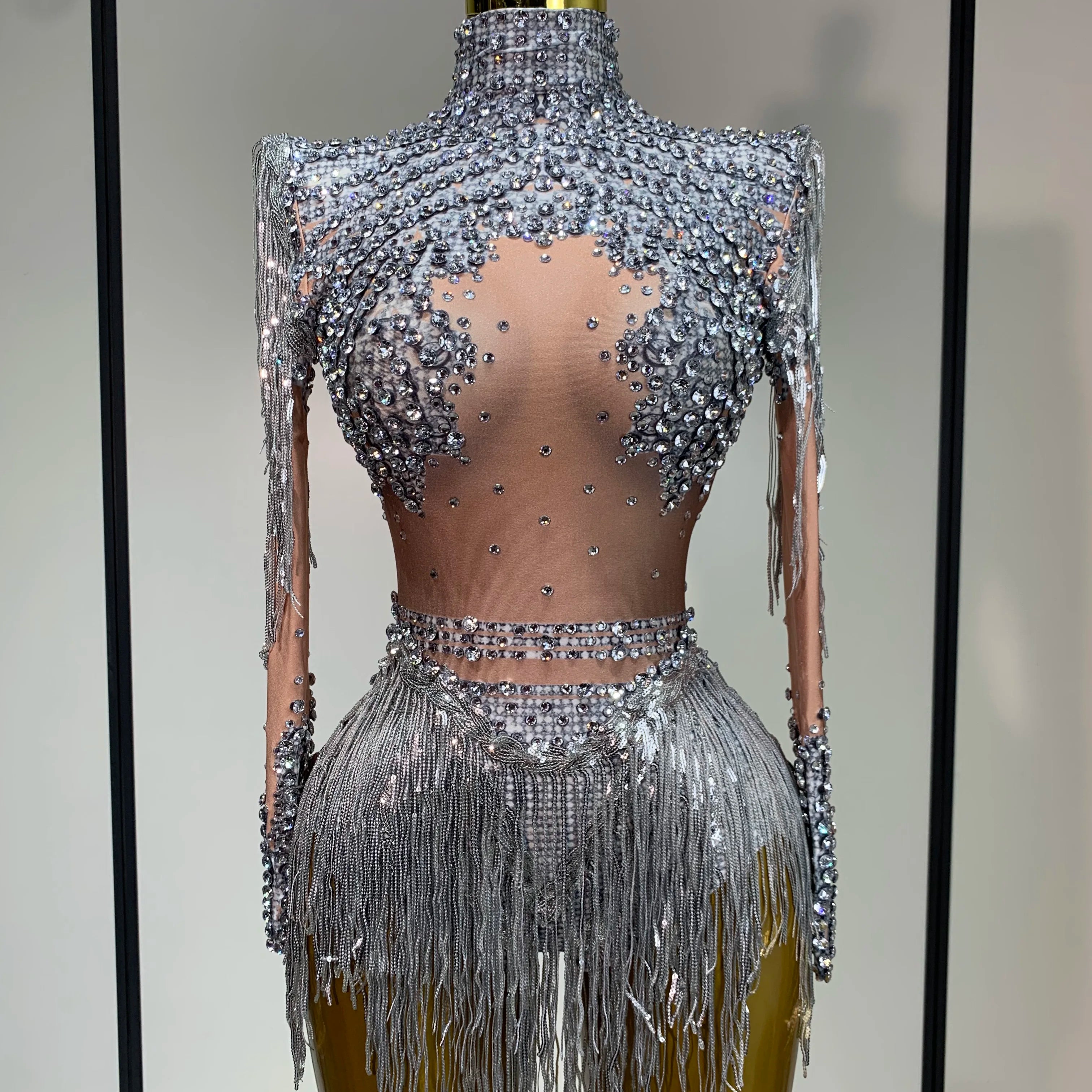 Women Long Sleeve Sexy Shinning Tassels Rhinestone Bodycon Bodysuit High Stretch Bar Dancer Nightclub Stage Wear Birthday Outfit Silver