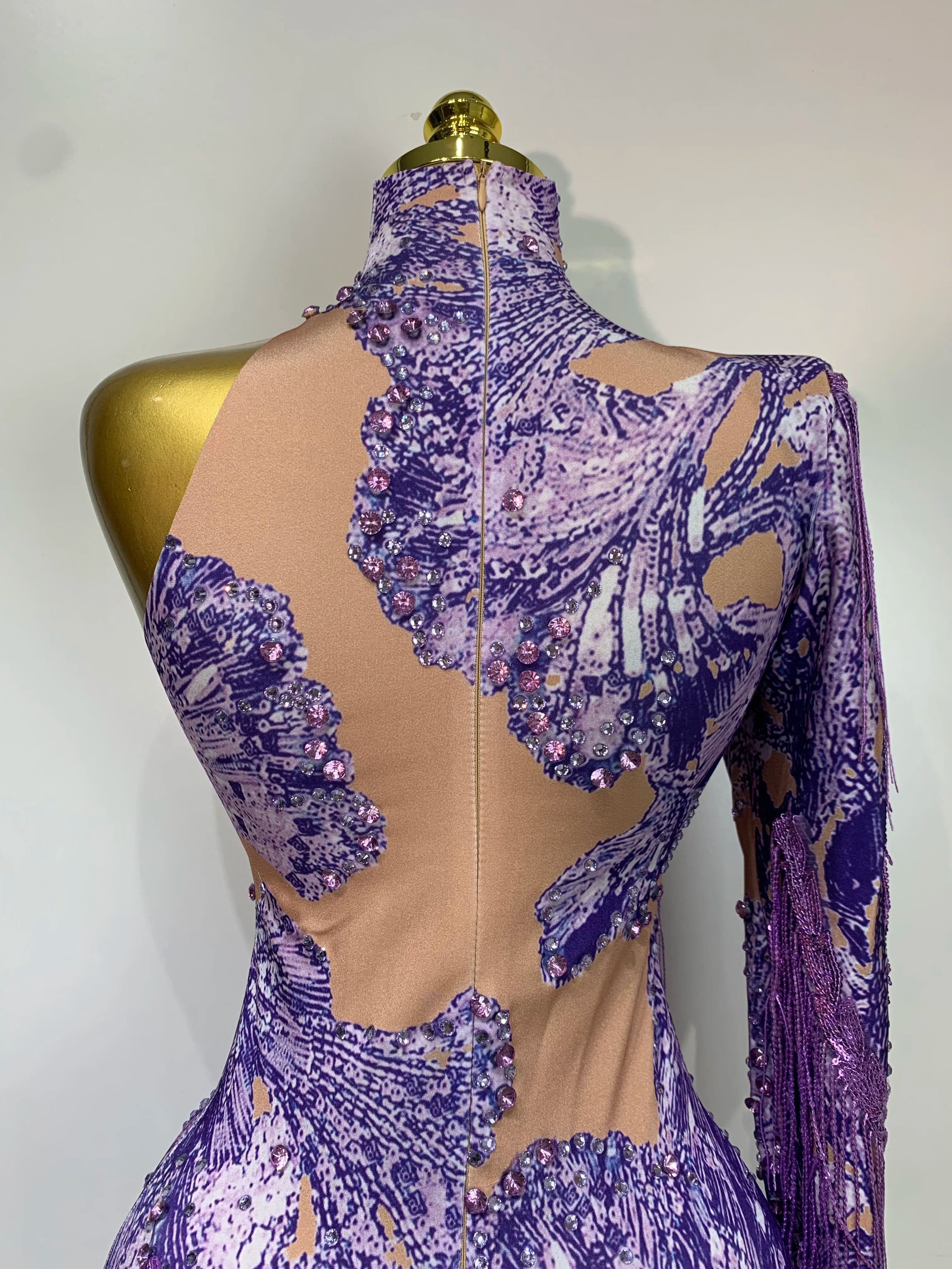 Sexy Sparkly Purple Rhinestones Tassel One Shoulder Sleeve Mini Dress Evening Party Birthday Nightclub Stage Performance Outfit