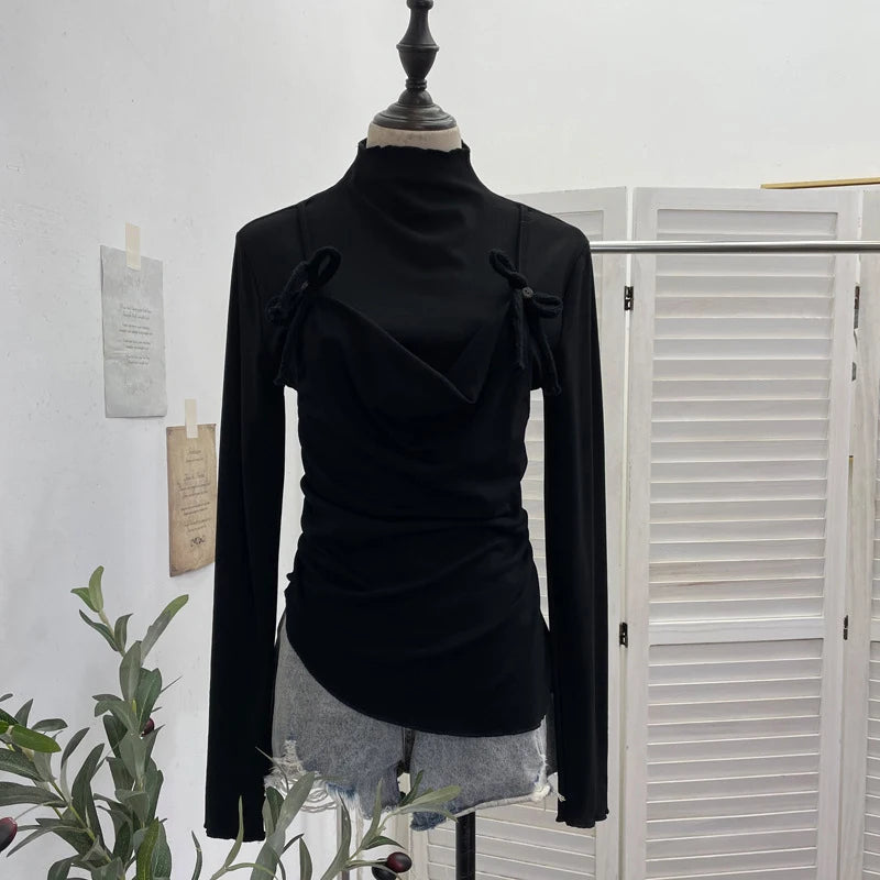 Spring New Lace-up Camisole Fake Two-piece Long Sleeve T-shirt For Women Fleece Inner Layer Base Shirt Top 11A07917 Black One Size