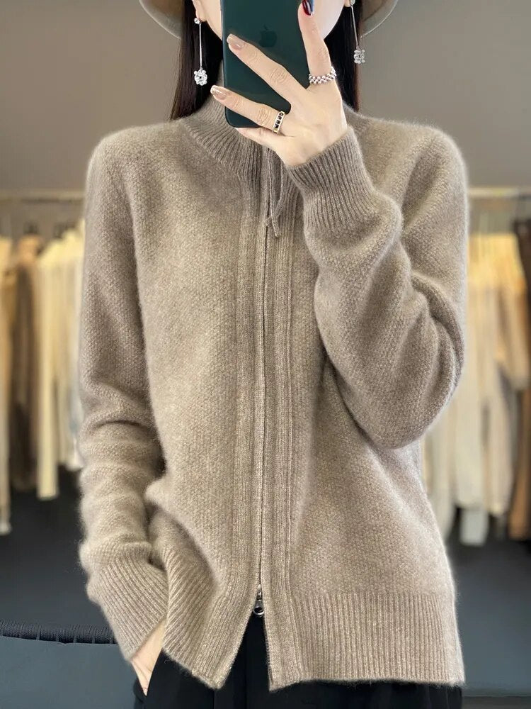 Women's Wool Knitting Sweater Clothing Autumn/Winter Casual Loose Top Fashion Korean Cashmere Large Zipper Jacket Camel