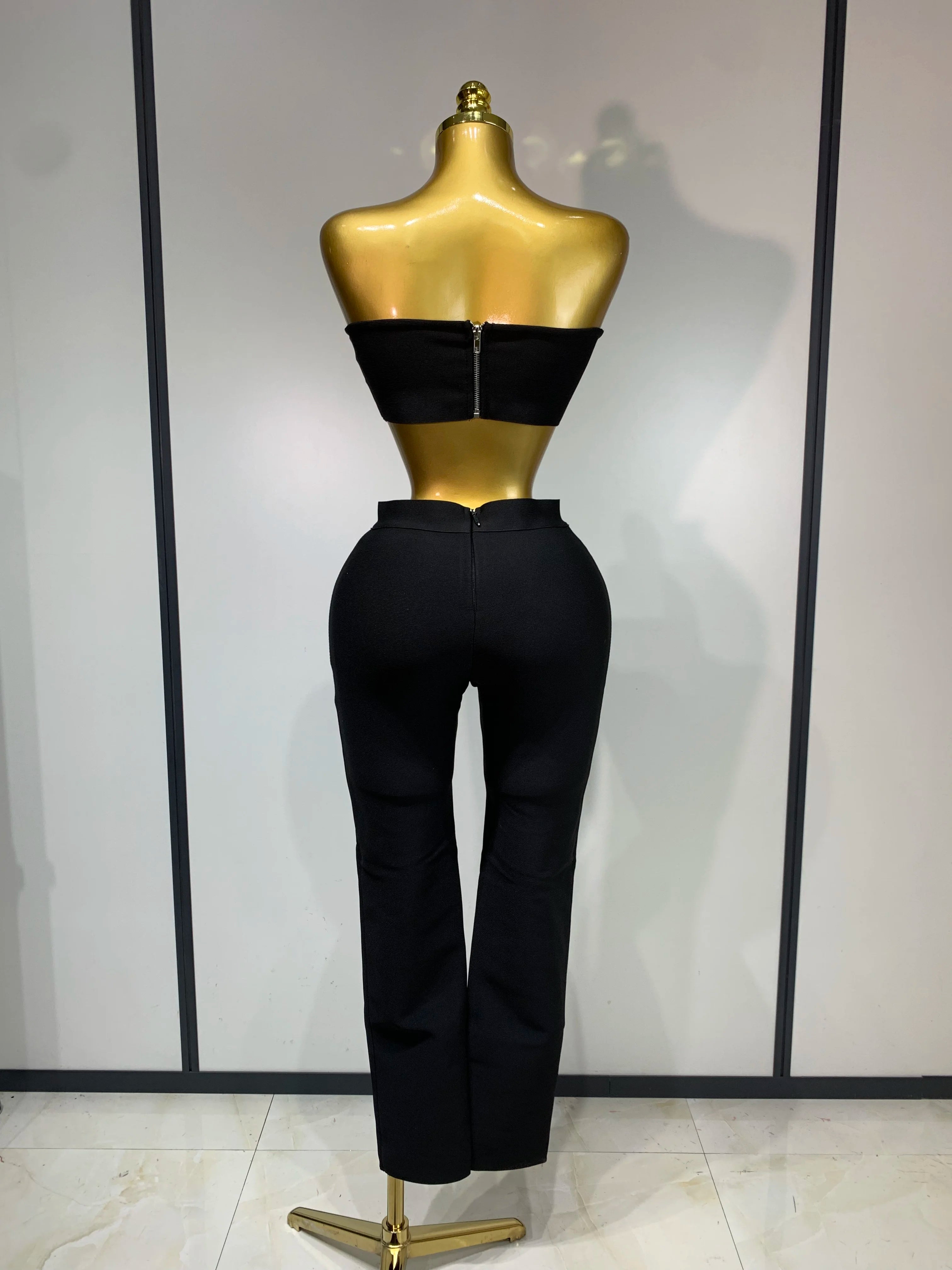 Women Celebrity Sexy Long Sleeve Beading Black Bodycon Bandage Three Piece Set Elegant Evening Club Party Birthday Outfits