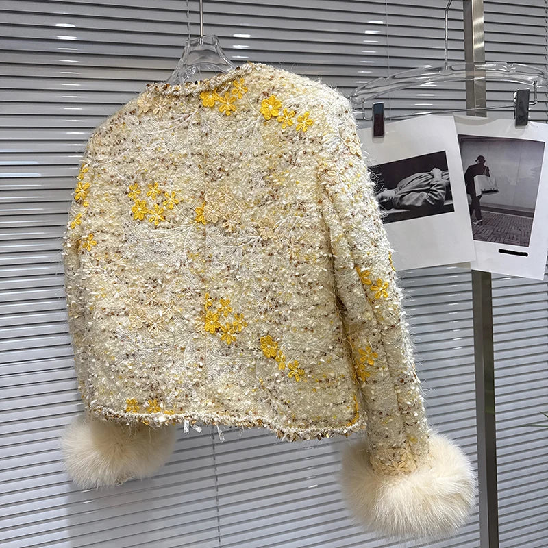 Winter New High-End Fashion Fox Fur Sleeve Tweed Cotton Liner Short Coat For Women Elegant Jacket Female 11A07868