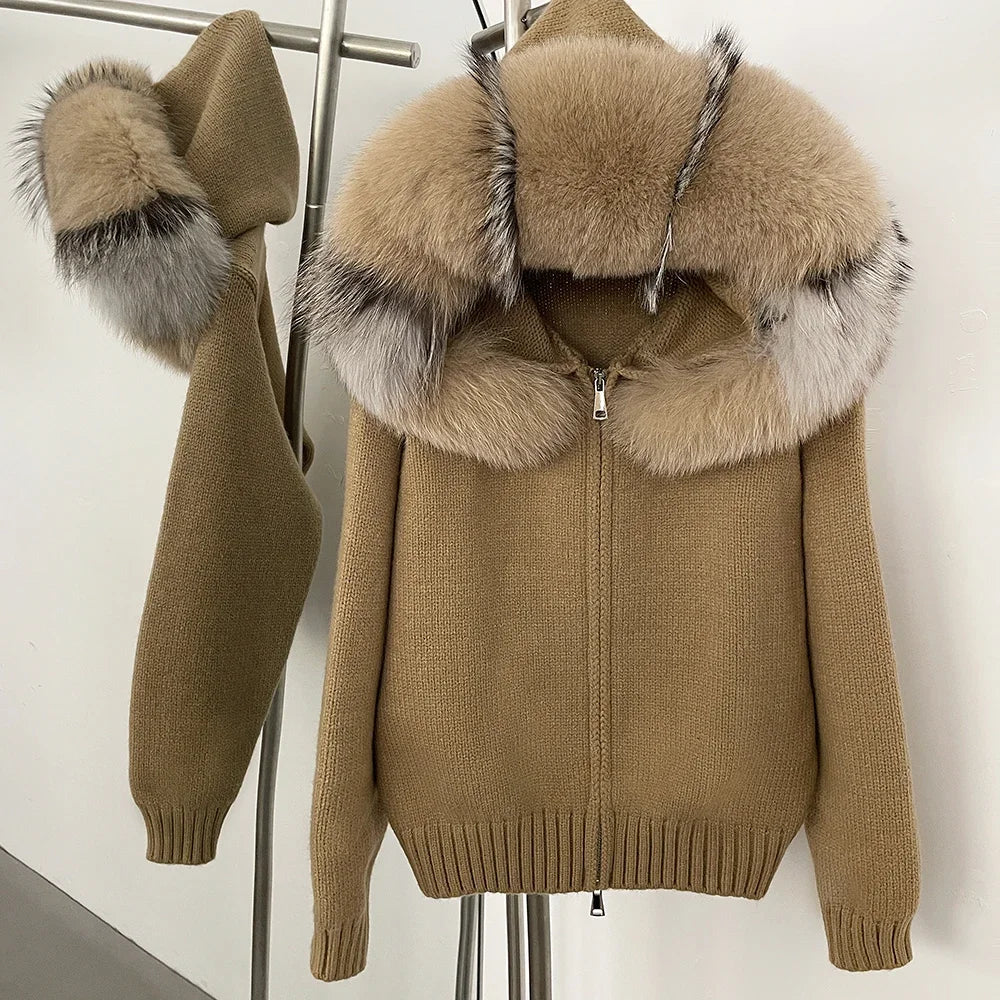 Coat Women Cardigan Natural Fox Fur Coat Women Real Mongolian Fur Knitwear Female Spring Autumn Hooded Knitted Fur Jacket Khaki pin fox One Size