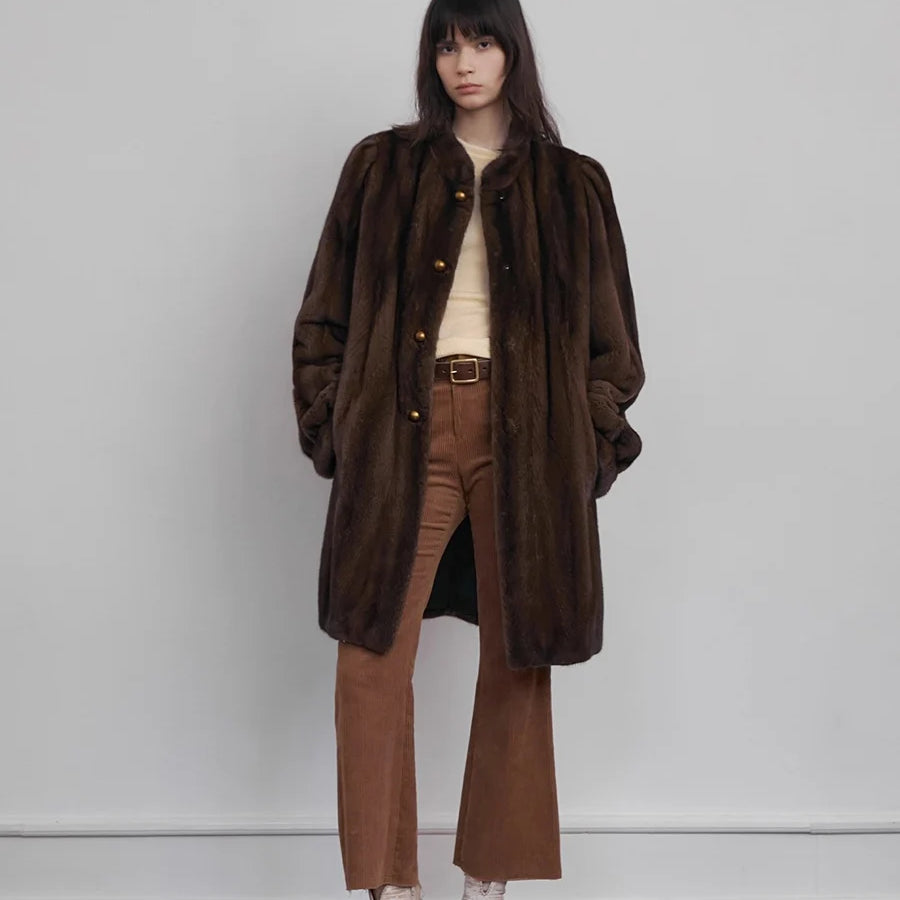 Lautaro Winter Luxury Elegant Thick Warm Fluffy Soft Brown Faux Mink Fur Coat Women Mid-Century Modern Vintage Furry Overcoat