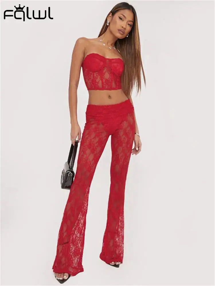 Habbris Spring Strapless Bodycon Crop Top Pants Sets Party Club Outfit For Women 2023 Sexy Red Lace Sheer 2 Two Piece Pants Sets