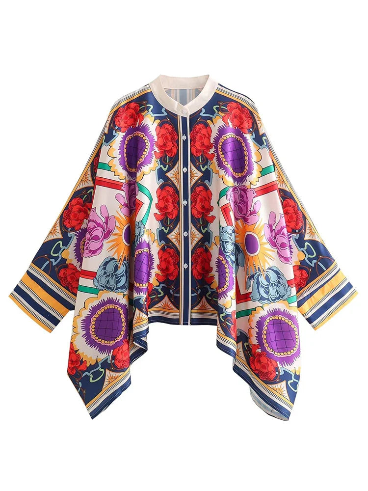 ZARATRAFnew summer women's silk texture printed trousers suit shirt bat shirt + positioning printed high waist trousers printed tops 3