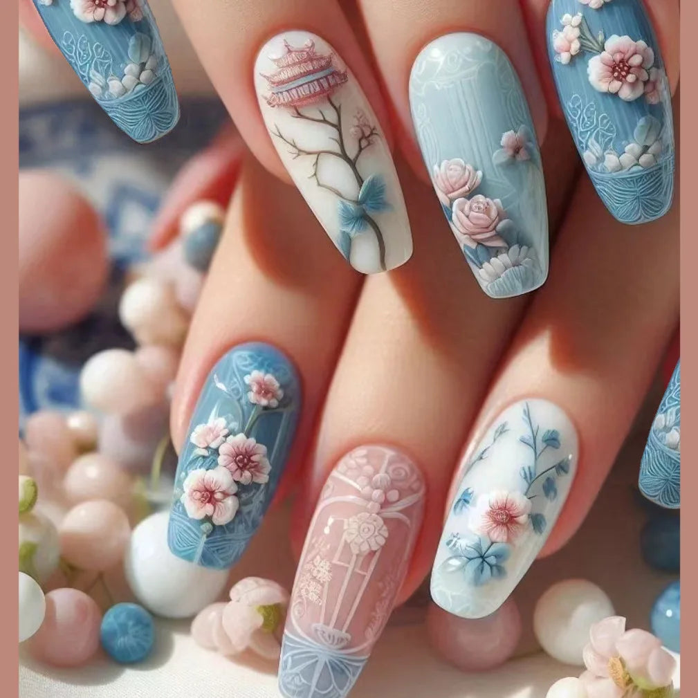 24Pcs Mid-length Ballet False Nails Press on Nails Spring Flowers Fresh Design Fake Nails with Glue Wearable Acrylic Nail Tips 1