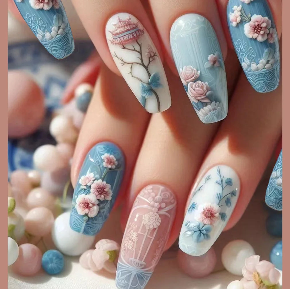 24Pcs Mid-length Ballet False Nails Press on Nails Spring Flowers Fresh Design Fake Nails with Glue Wearable Acrylic Nail Tips 1