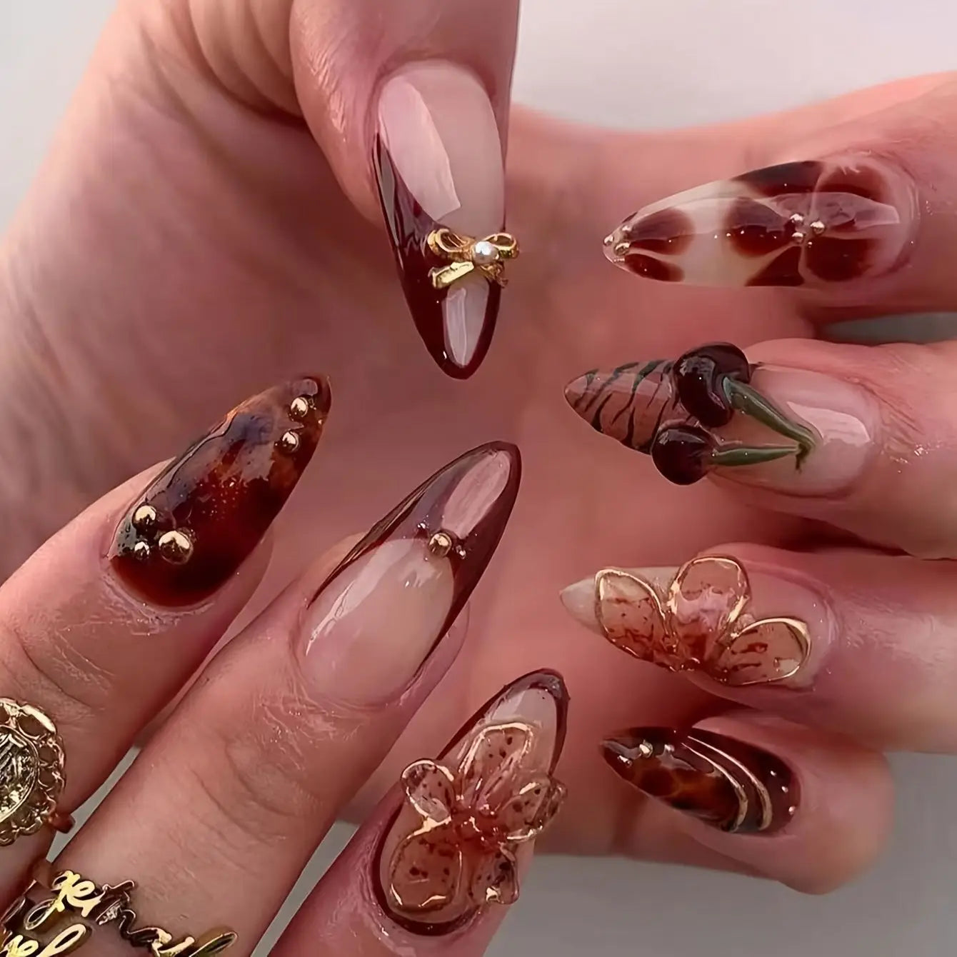 24Pcs Mid-length French Almond Full Cover Nails Tips Cherry Colorful Flower Design Press on Fake Nails Detachable False Nail Art XM518