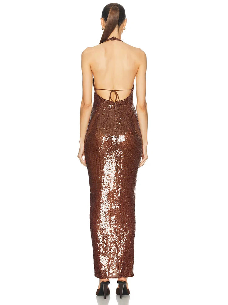Gorgeous Sexy Brown Sequin Halter Backless Sleeveless V-Neck Dress Party Summer Evening Gown