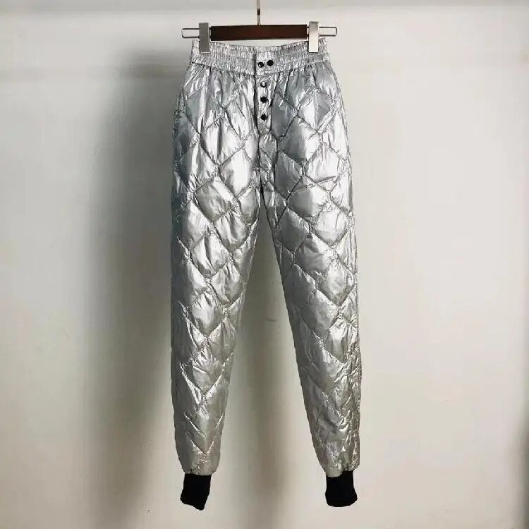 Women Glossy Diamond Down Pant 2024 Winter Fashion High Waist Harem Trousers Plus Size Warm Padded Quilted Pantalones Windproof silver