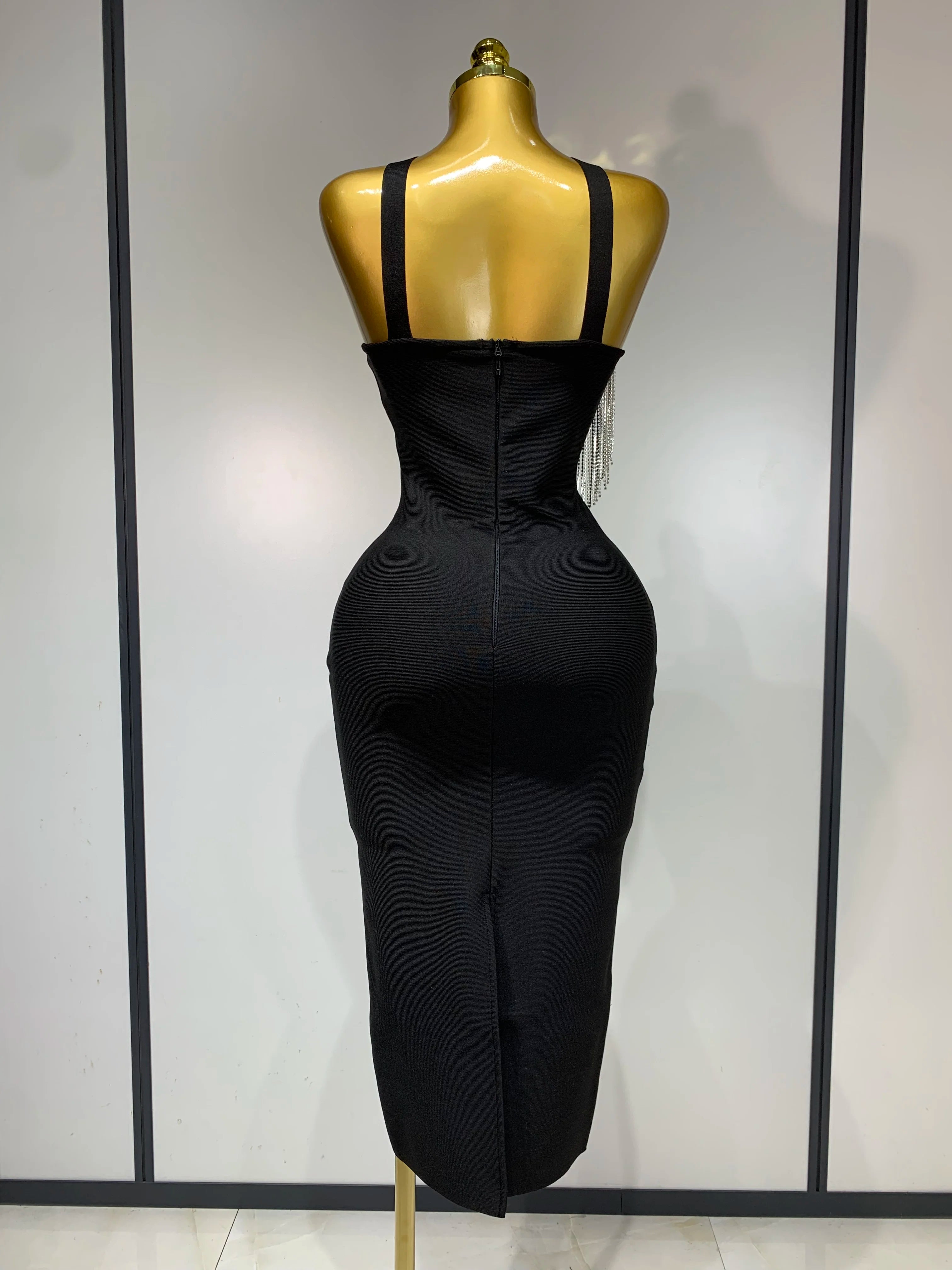 Women Sexy Diamonds Tassel Crystal Midi Black Bodycon Bandage Dress 2025 Elegant Evening Party Luxury Birthday Dresses Vestido