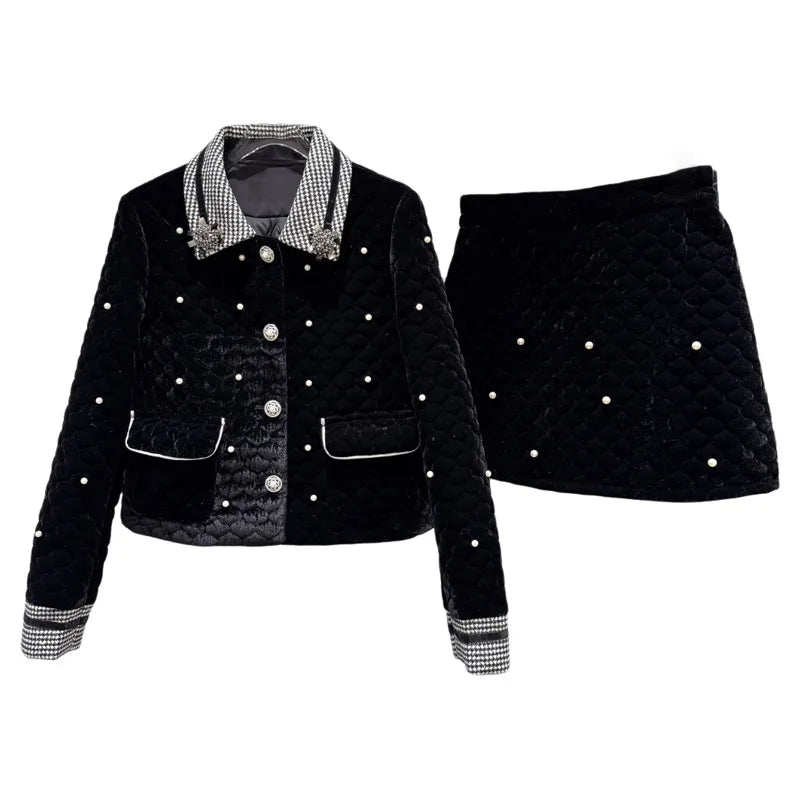 Winter New Fashion Elegant High-end Two-pieces Set For Women Velvet Cotton Inner Short Coat A-line Skirts 11A07777