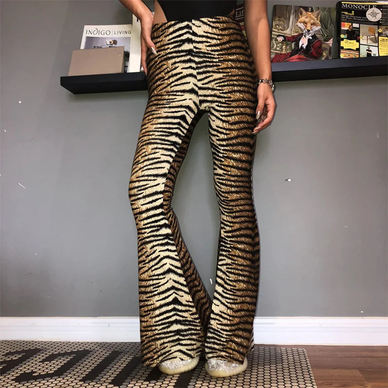 Lygens High Waist Leopard Tiger Print Flare Leggings Women Design Sexy Trousers Club Flare Legs Pants Casual Women Clothing