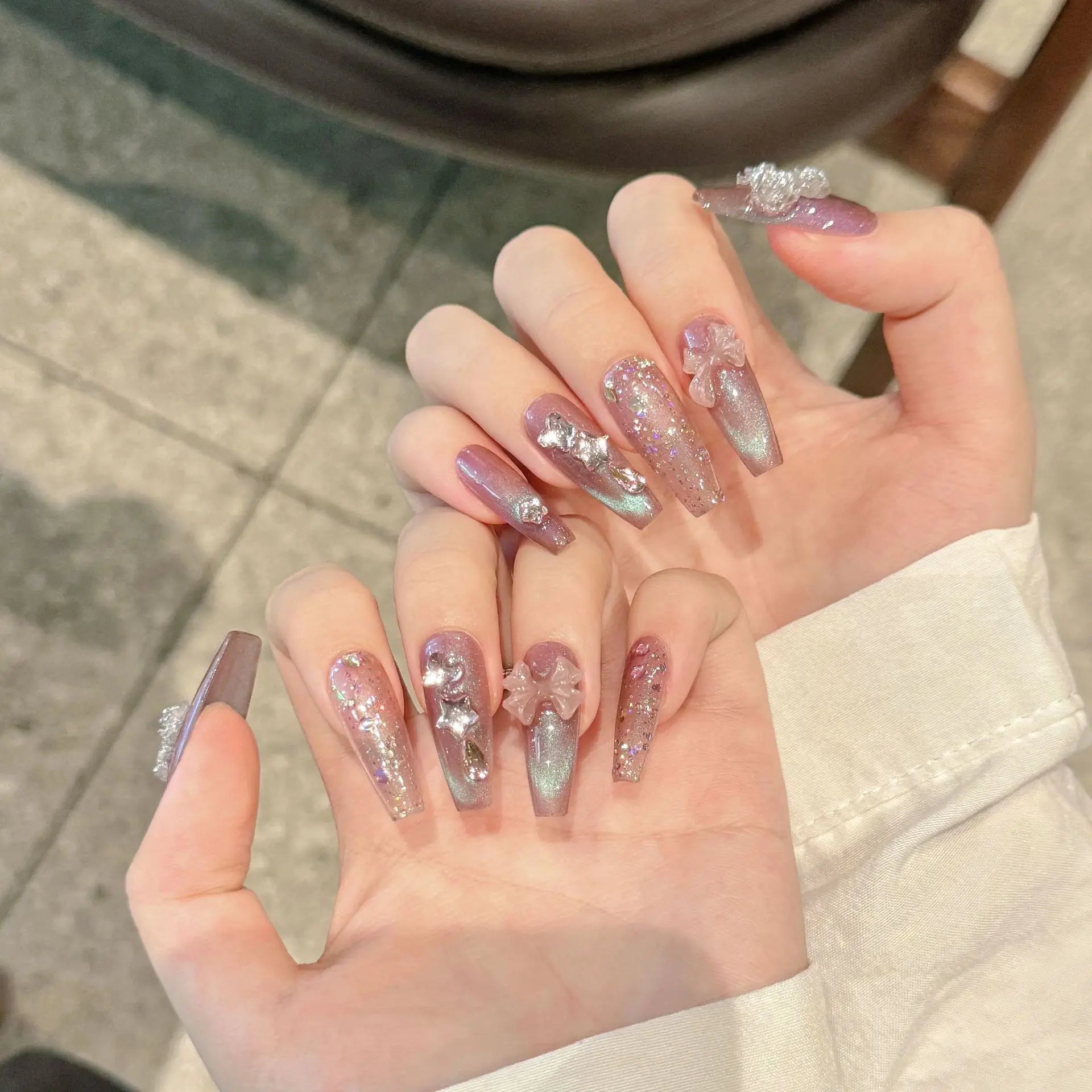 10Pcs Long Coffin Ballerina Crystal Handmade False Nails with Diamond Glitter Butterfly Fake Nail Ombre French Press on Nail Tip