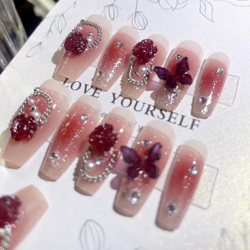 24pcs Red Rose Fake Nails Long Flower Ballet Press on Nails Design French False Nail Full Cover Wearable Fake Nail Tips Art 8