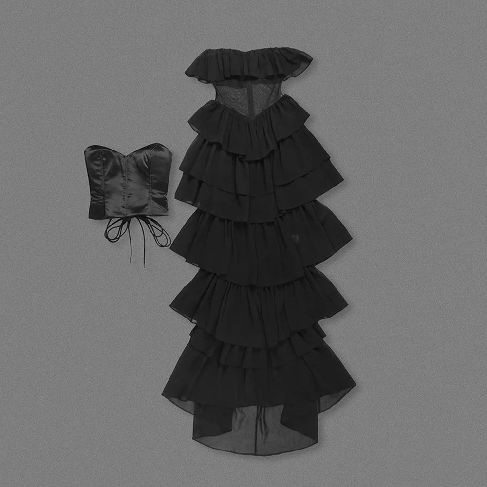 2025 Women Sexy Strapless Ruffle Slim Maxi Dress for cummerbund Elegant Sleeveless Lady Evening Party Gowns Female Robes black