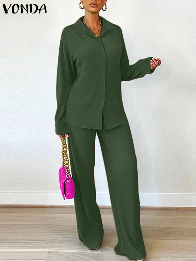 Plus Size 5XL VONDA Women Sets 2025 Autumn Casual Lapel Loose Two-Piece Suits Elegant Tops and Wide Leg Pants Matching Sets green