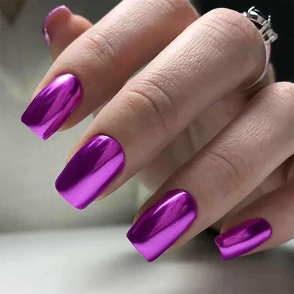 24pcs/set short fake nails metallic red black rose green blue silver golden square tips mirror effect press on false nail art Purple