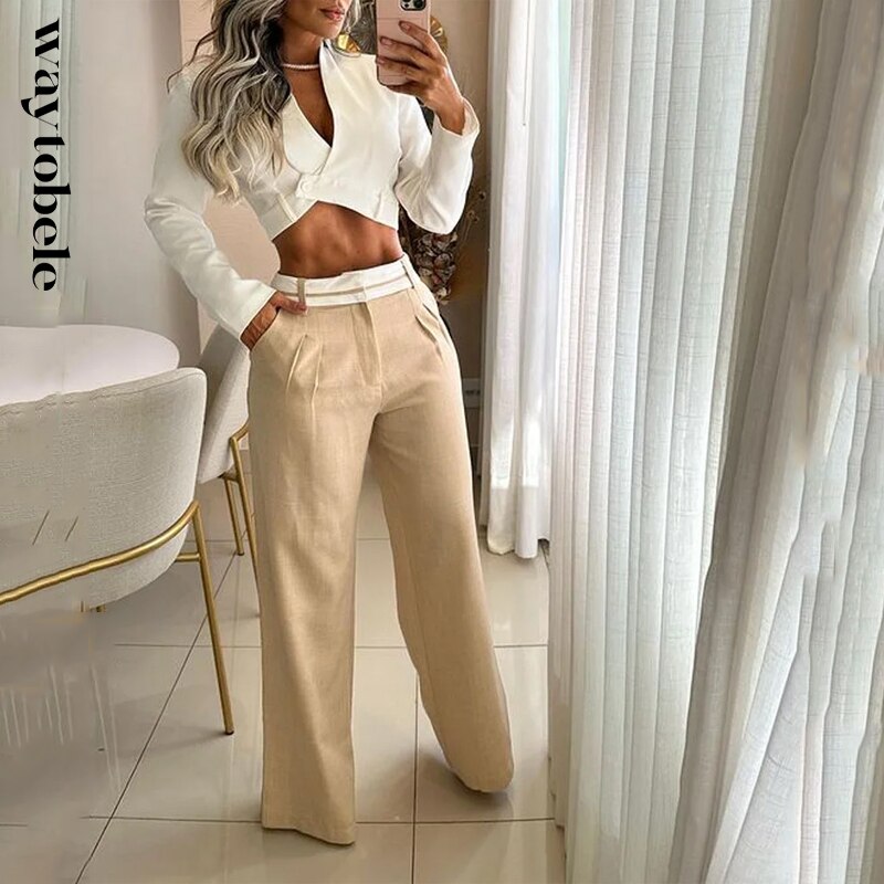 Women Two Piece Set Fashion Solid Long Sleeve Lapel V Neck High Single Button Short Top Loose With Pockets Pants Sets Picture Color