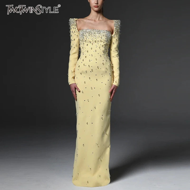 Solid Slimming Spliced Bead Luxurious Midi Dresses for Women Square Neck Long Sleeves Split Elegant Dress Female