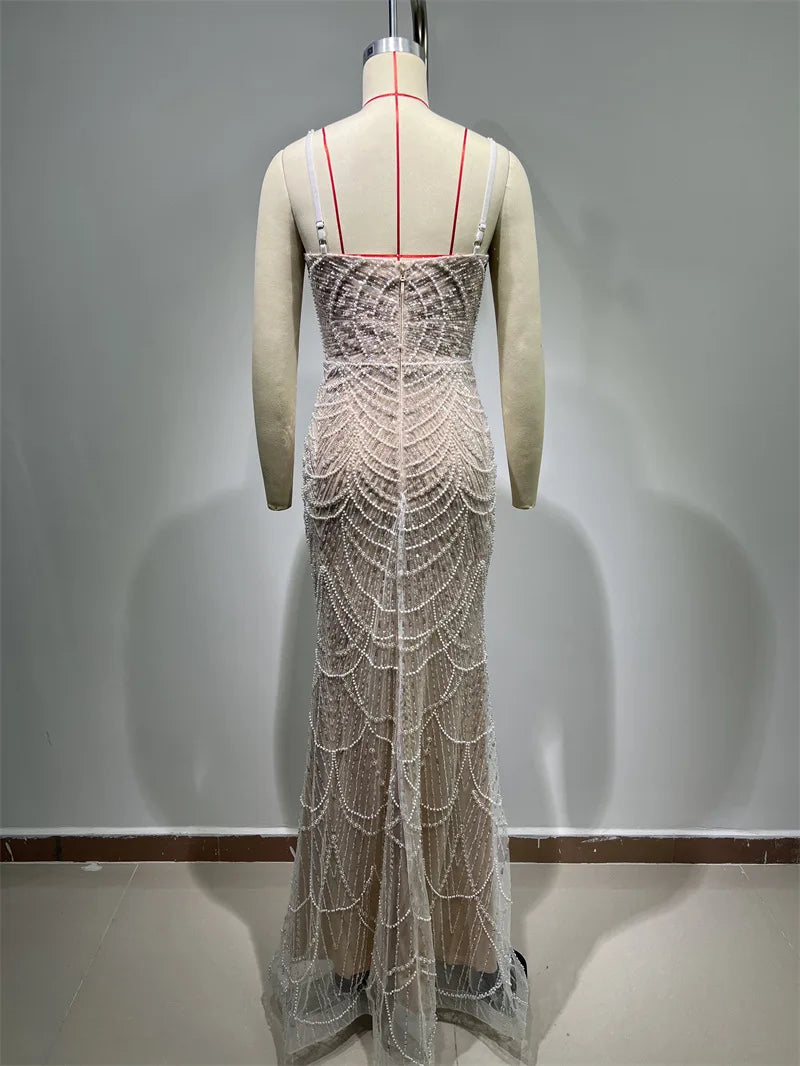 2025 Luxury Pearl Beading Haute Couture Sexy V-Neck Floor Length Dress Woman Birthday Party Dress Wedding Party Goddess Vestido