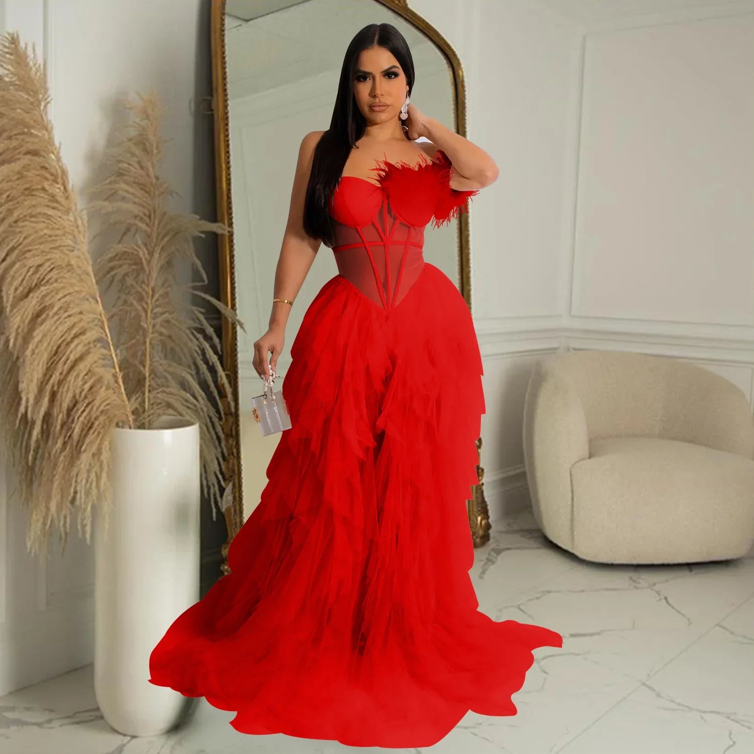 Women Tierred Mesh See Though Off Shoulder Sweetheart Collar Maxi Long Floor Length Dress Evening Sexy Party Dresses red