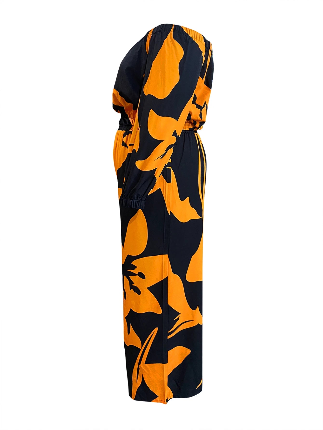 LW Plus Size Elegant Two pieces sets Off The Shoulder Floral Print Pants Set long sleeve color contrast Top + loose pants sets