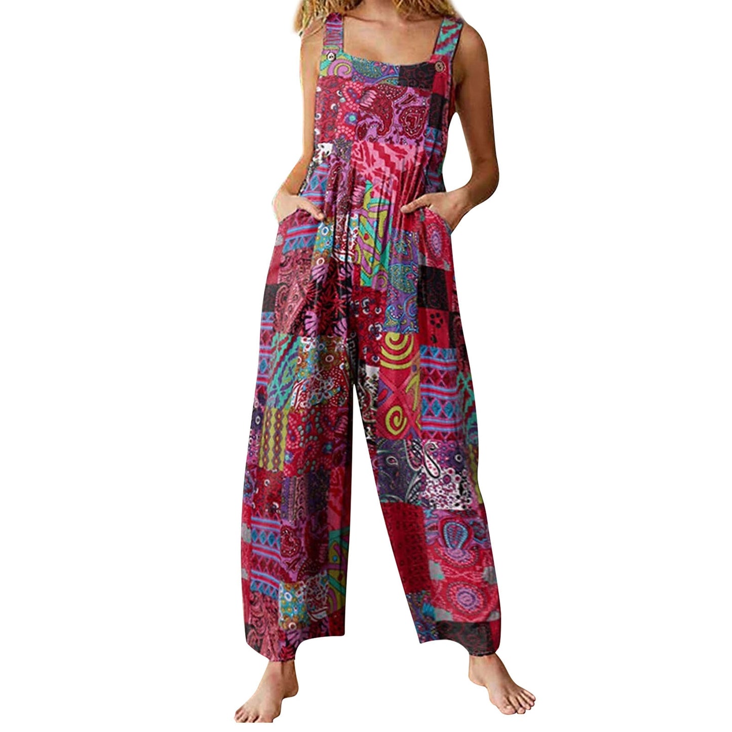 Women Ethnic Style Jumpsuits Summer Overalls Multicolor Square Neck Sleeveless Casual Rompers with Pockets for Girls Playsuit