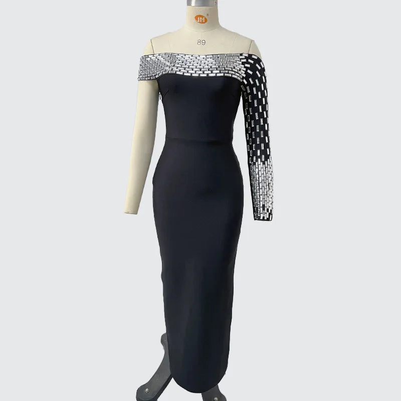 Top Quality Women Sexy One Shoulder Sparkly Crystal Bodycon Long Bandage Dress Evening Party Red Carpet Fashion Outfit Vestido