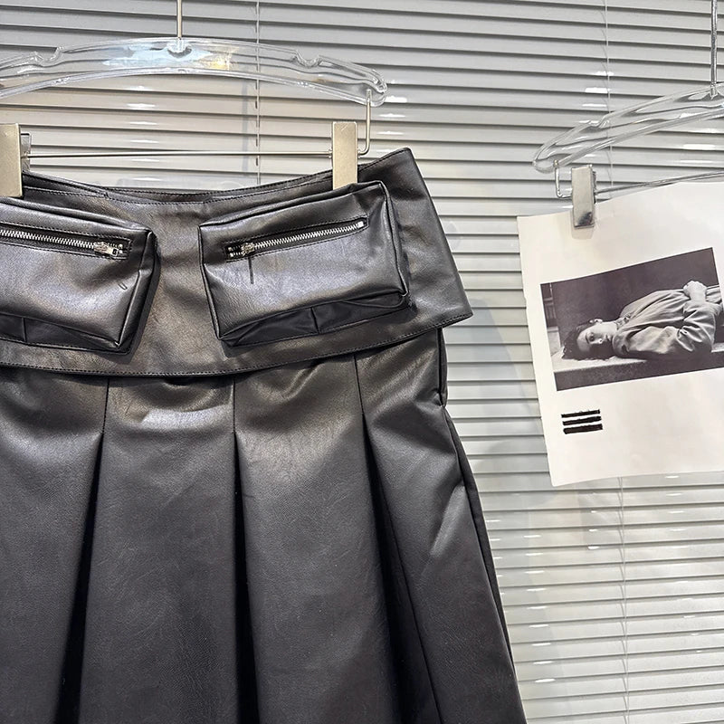 Winter New Fashion Pocket Waist Belt PU Leather Midi Skirt For Women High Street Pleated Skirts Female Trend 11A07862
