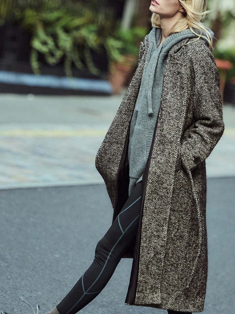 Women's Warm Windbreaker Fall And Winter New Retro Long-Sleeved Classic Jacket Herringbone Twill With Belt Windbreaker