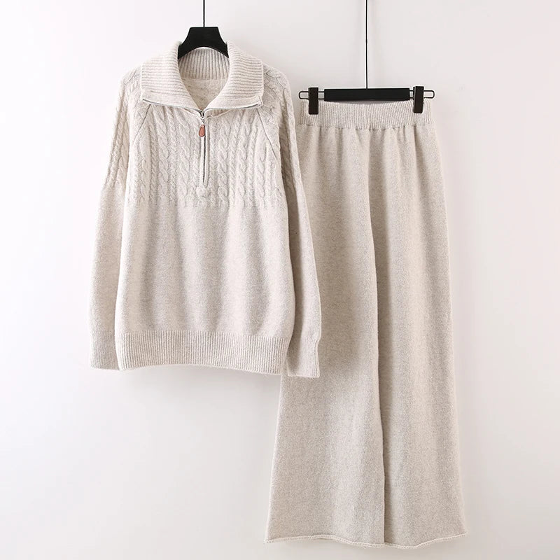 Autumn Winter New Half-Zip Stand Collar Knit Sweater Suit For Women Wide-Leg Pants Knitted Two-Piece Set 11A07540 beige One Size