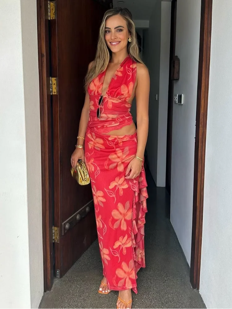 2025 Summer Retro Red Printing Slim Halter Tops Suit Elegant Lady Side Slit Ruffles Lace Midi Skirts Set New Vocation Beach Wear