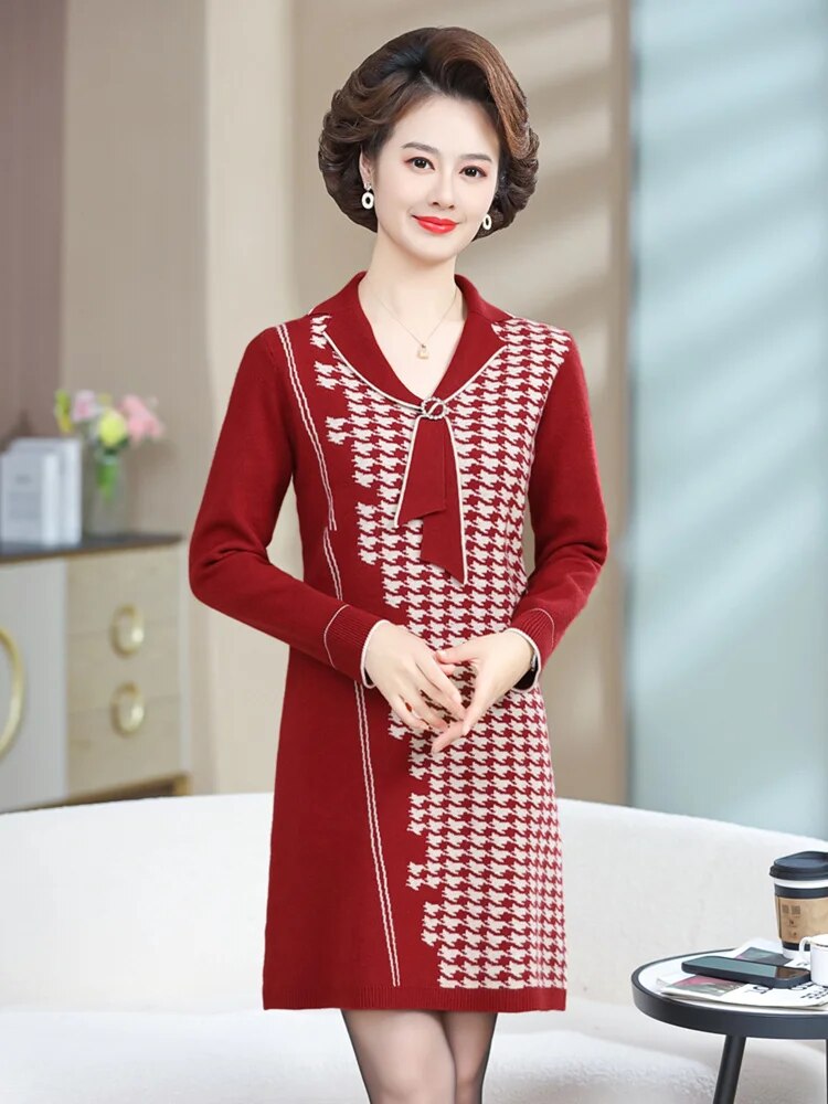 Temperament Lapel Women's Long Sweater 2024 Autumn And Winter New Comfortable Wool Knit Dress Ladies Pullover