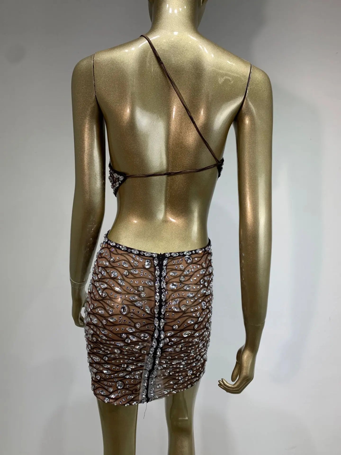 2025 Women Sexy One Shoulder Crystal Diamonds Cut Out Mini Dress Birthday Party Costume Bar Nightclub Stage Performance Outfit