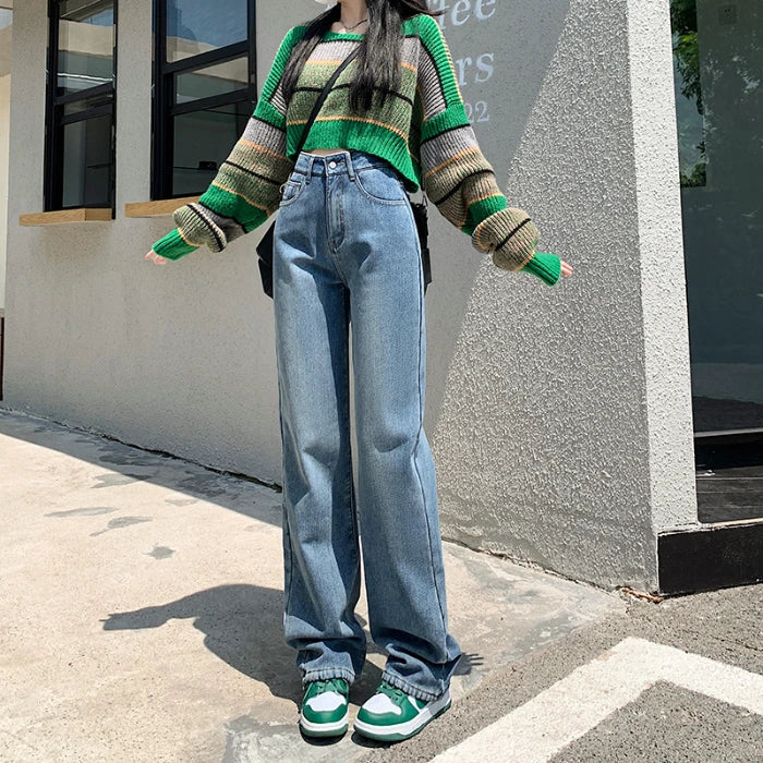 High Waisted Women Denim Jeans Straight Loose Daily Pants Fashion Brand Spring Summer Trousers All-match Full Length blue