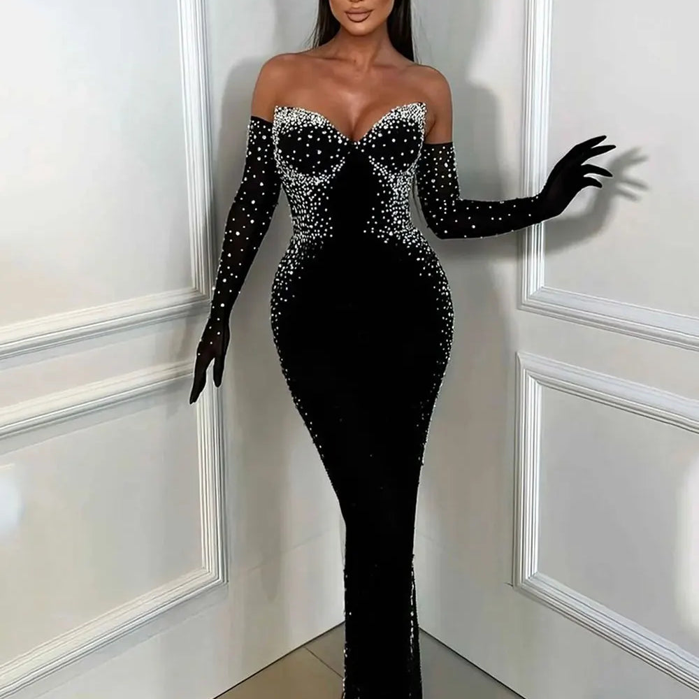 2025 Women Light Luxury Beaded Velvet Dress+Thin Gauntlet Gloves Fashion Bodycon Bareback Sexy Long Dress Evening Party Vestidos